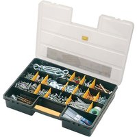 Draper plastic organizer with 26 compartments, transparent lid, and yellow dividers, filled with assorted small items.