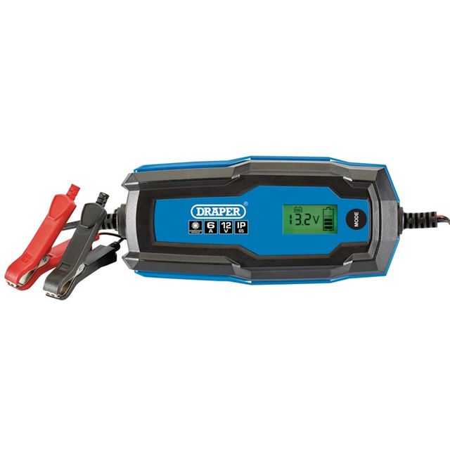 Draper 53490 smart charger in blue and black plastic, featuring an LCD display, red and black alligator clips, and settings for 6V and 12V batteries.