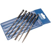 Draper 6 Piece 140MM Needle File Set with black handles in a blue plastic pouch.