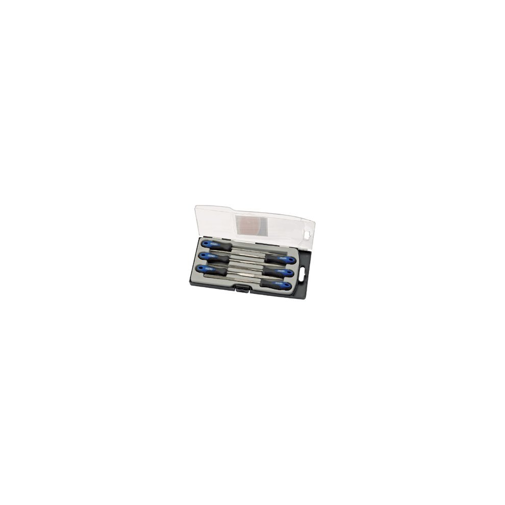 Six-piece set of 150mm diamond needle files in a clear plastic case, featuring soft grip handles in blue and silver, ideal for precision filing tasks.