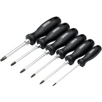 Draper 6 piece security Torx screwdriver set with black hard grip handles and silver shafts.