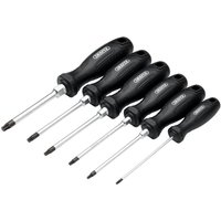 Draper 6 Piece Hard Grip Torx Screwdriver Set with black ergonomic handles and chrome-plated shafts.
