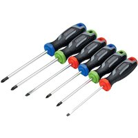 Draper 6 Piece Soft Grip Screwdriver Set with black handles, colored ends, and chrome-plated shafts.