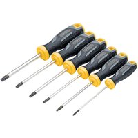 Draper 6 Piece Soft Grip Security Torx Screwdriver Set with black and yellow ergonomic handles and chrome shafts.