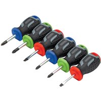 Draper 6 Piece Stubby Screwdriver Set with soft grip handles in black, blue, red, and green accents.