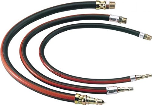 Black and red rubber air line whip hose with brass fittings, featuring a 1/4" BSP connector, measuring 600mm in length, suitable for pneumatic tools.