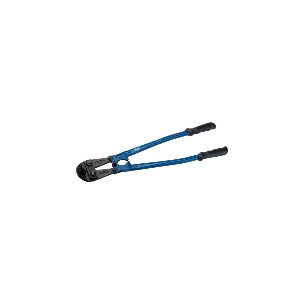 Blue bolt cutters with 600mm length, 30° angled flush cutting jaws, and rubberized black grips for comfort and control.
