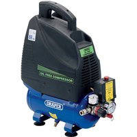 Blue Draper oil-free air compressor with black handle, pressure gauges, and yellow control panel.