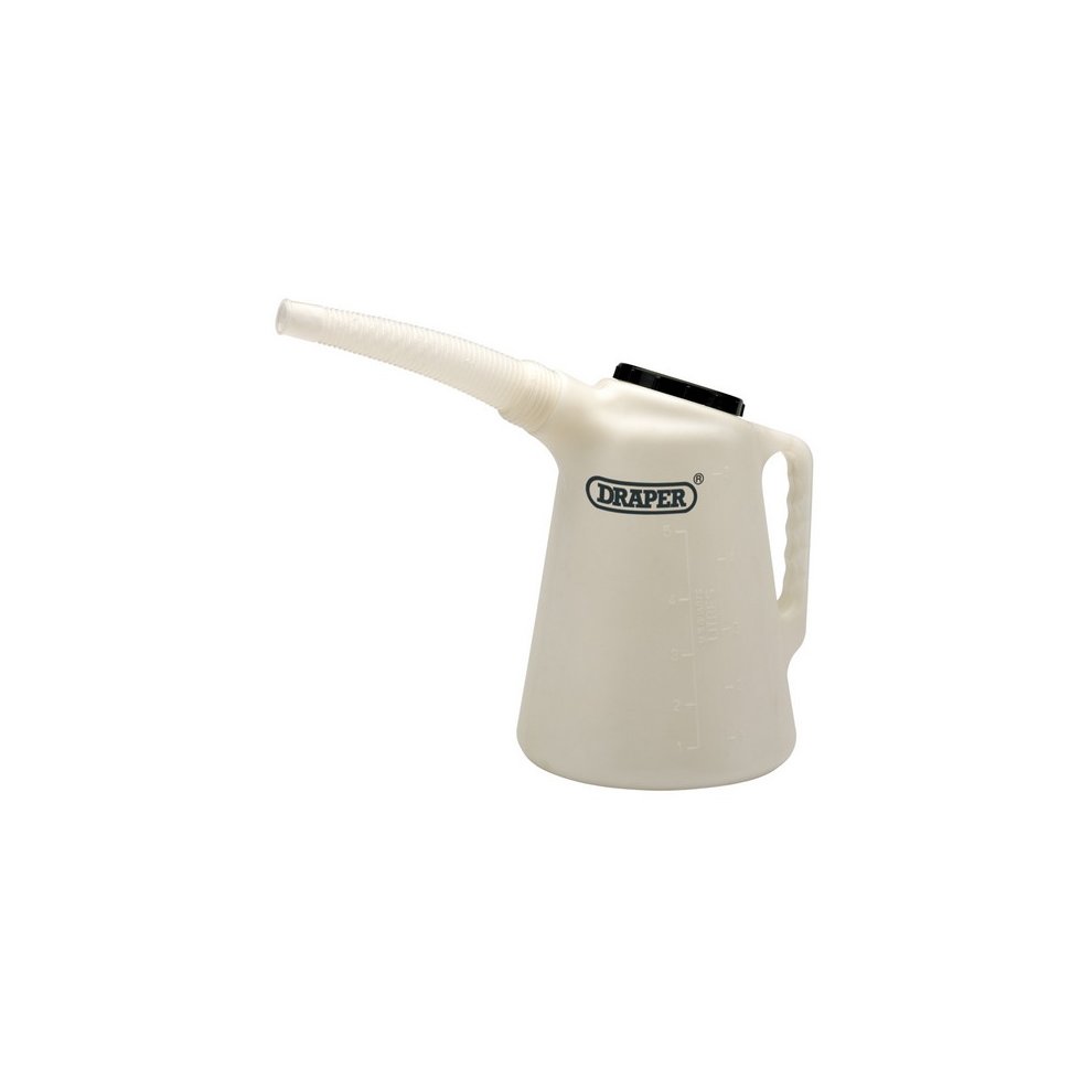 White plastic 6L measuring jug with a long spout, ergonomic handle, and black screw-on lid, featuring measurement markings on the side for easy reading.