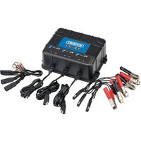 Draper 6V/12V 3 Bank Charger Station, black with multiple charging cables and clamps, blue logo on top.