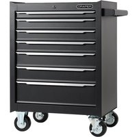 Black Draper 7 Drawer Tool Roller Cabinet with silver handles and swivel casters.