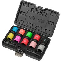 Black case with seven colorful double-ended wheel nut sockets, each labeled, by Draper.