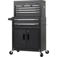 Black Draper 8 Drawer Roller Cabinet and Tool Chest with silver handles and swivel casters.