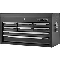 Black Draper 8 Drawer Tool Chest with silver handles and lock, featuring a sturdy metal construction and side handle.