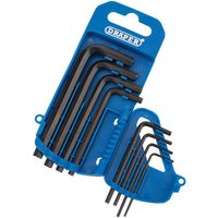 Blue Draper hexagon key set with eight black L-shaped keys in various sizes.