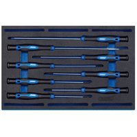 Draper 8 Piece Precision Screwdriver Set with blue and black handles in a foam organizer tray.