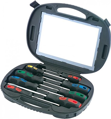 Draper Expert 40002 8-piece screwdriver set in a black plastic case, featuring colorful rubber grips and various screwdriver heads neatly arranged inside.