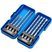 Draper 8 Piece SDS Plus Drill Bit Set in blue plastic case with organized slots and silver spiral bits.