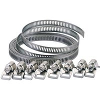 Silver Draper 8MM wide hose clamp set with adjustable screw mechanism and perforated metal band.