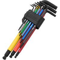 Multicolored Draper 9 Piece Extra Long Arm Hexagon Allen Key Set with ball ends in a black holder.