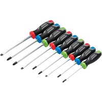 Draper 9 Piece Screwdriver Set with black soft grip handles, colored ends, and chrome-plated shafts.