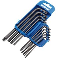 Draper 9 Piece Tx-Star Key Set with blue holder, featuring L-shaped black keys in various sizes.