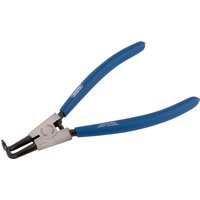 Blue-handled Draper 90° external circlip pliers, 200mm, with angled tips and metal jaws.