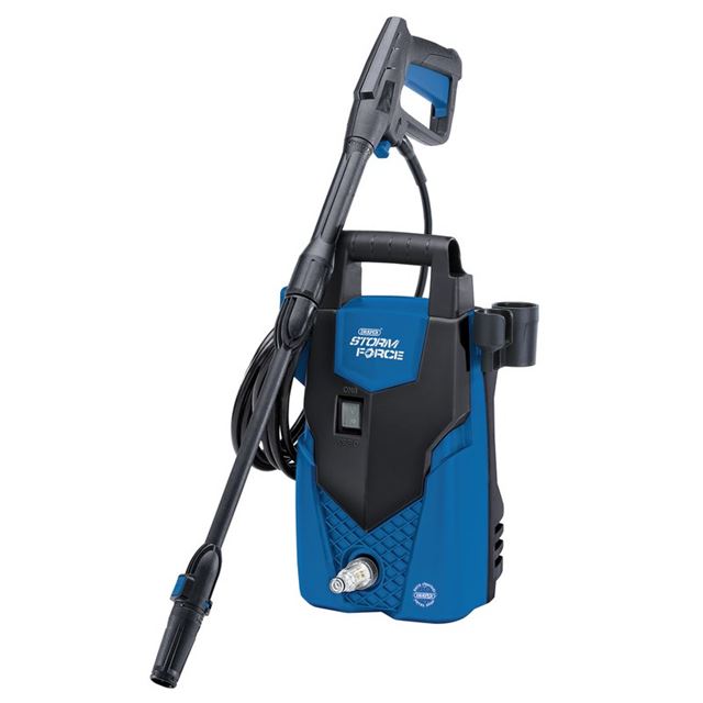 Draper 98674 230V Pressure Washer in blue and black, featuring a compact design, ergonomic handle, and attached spray lance for high-pressure cleaning.