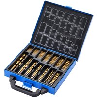 Blue carry case with 99 gold titanium nitride-coated HSS drill bits organized in labeled compartments.