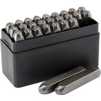 Draper A-Z Letter Stamp Set, 1/4" with metal stamps in black plastic case, includes two loose stamps in front.
