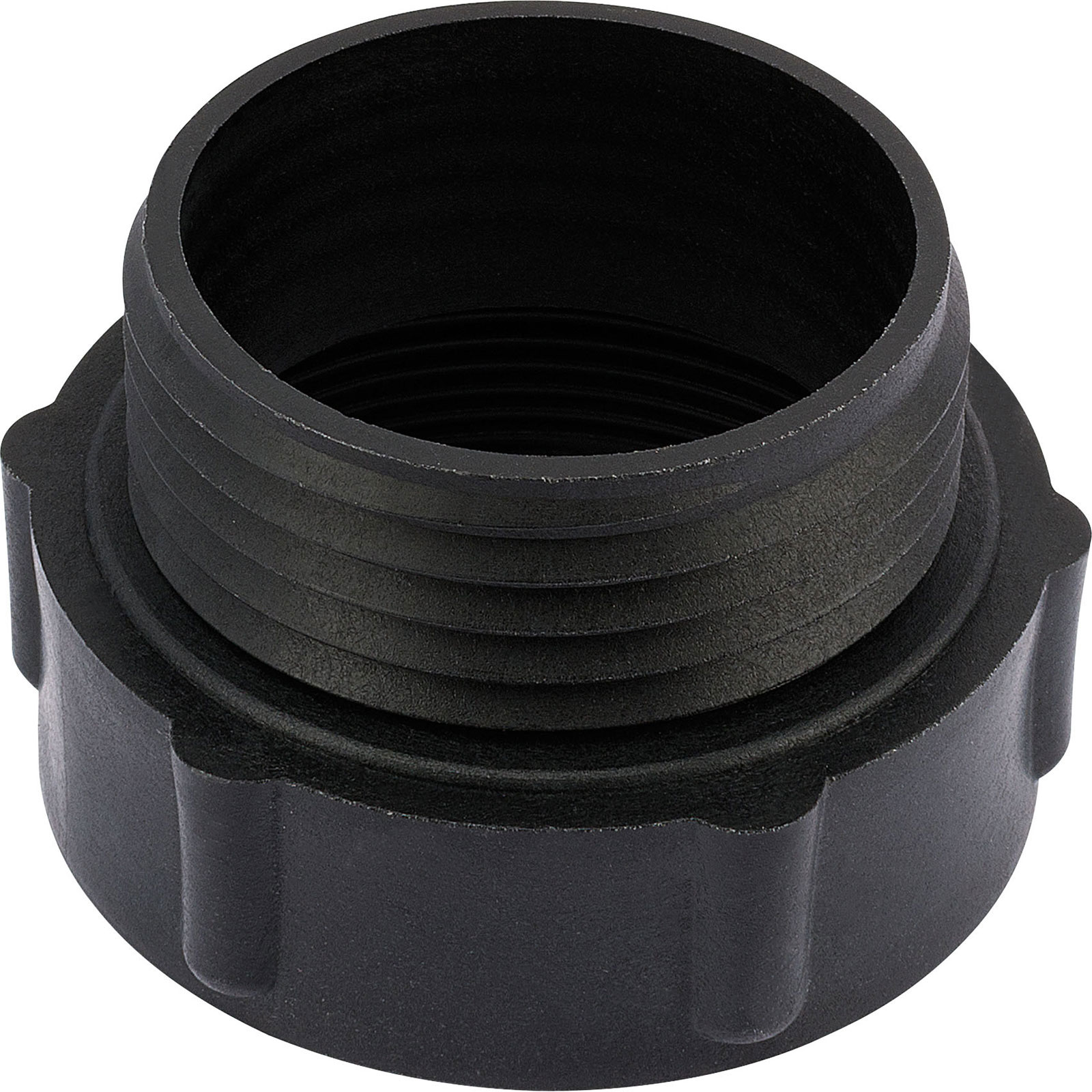 Black plastic barrel adapter with a threaded interior and a ribbed exterior, designed for AdBlue® applications, featuring a sturdy, durable construction.