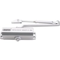 Silver Draper adjustable automatic door closer with arm, suitable for doors 25kg to 45kg, featuring a sleek rectangular design.