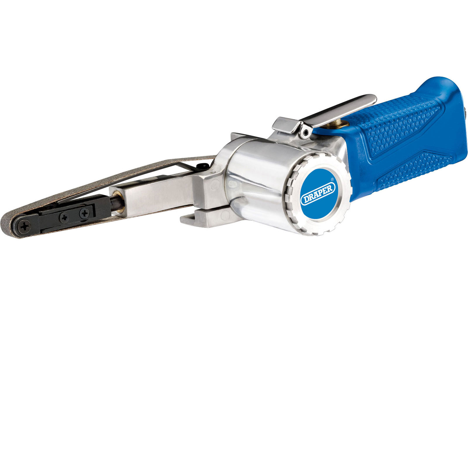 Draper 84123 Air Belt Sander features a silver metal body with a blue rubber grip, a 10mm sanding belt, and a lever for adjusting the belt tension.