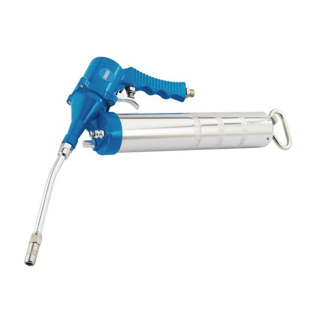 Blue and silver air grease gun with a 400cc capacity, featuring a metal barrel, ergonomic handle, and a long nozzle for precision application.
