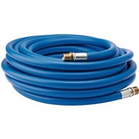 Blue Draper air line hose, 15m length, 1/2" bore, with brass and silver connectors, coiled neatly.