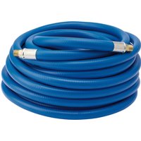 Blue Draper air line hose, 15m long, 3/8" bore, with silver connectors and 1/4" BSP fittings, coiled neatly.