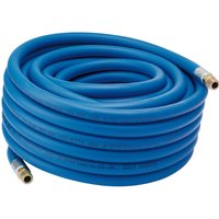 Blue Draper air line hose, 15m length, 5/16" bore, coiled with brass 1/4" BSP fittings on each end.