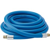Blue Draper air line hose, 5m length, 3/8" bore, with 1/4" BSP brass connectors, coiled neatly.