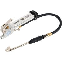 Draper air line inflator, silver body, black hose, twin open ended push connectors, ergonomic grip handle.
