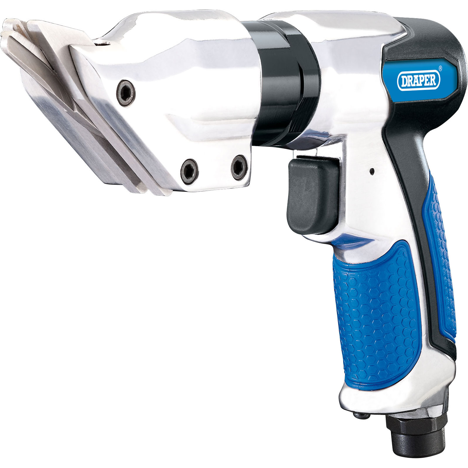 Draper 84130 Air Shears feature a metallic silver body with a blue rubber grip, a trigger handle, and sharp stainless steel blades for cutting metal sheets.