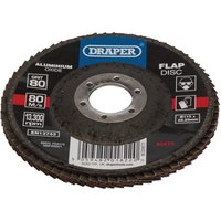Draper Aluminium Oxide Flap Disc, 115mm diameter, 80 grit, black with red and white label, central hole.