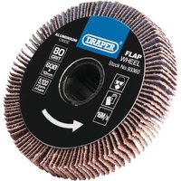 Draper aluminium oxide flap wheel, 10x60mm, 80 grit, with brown abrasive flaps and black center label.