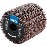 Draper Aluminium Oxide Flap Wheel, 60x60mm, 80 Grit, cylindrical with layered abrasive flaps and blue label.