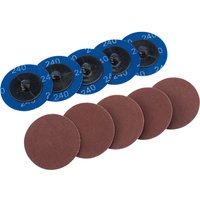 Draper 50mm sanding discs, 240 grit, pack of 10, blue backing with white text and brown abrasive surface.