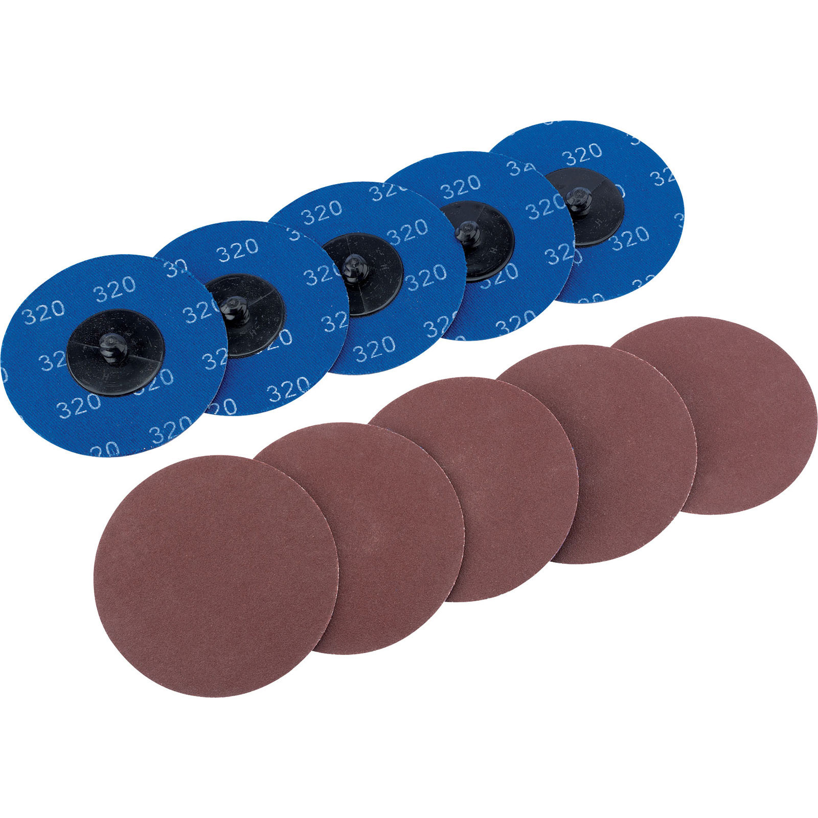 Ten 75mm sanding discs in blue and brown, featuring a 320 grit aluminium oxide surface, designed for smooth finishing and polishing tasks.