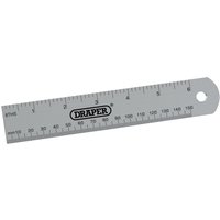 Silver Draper aluminium rule, 152mm/6", with metric and imperial markings, hole for hanging at one end.