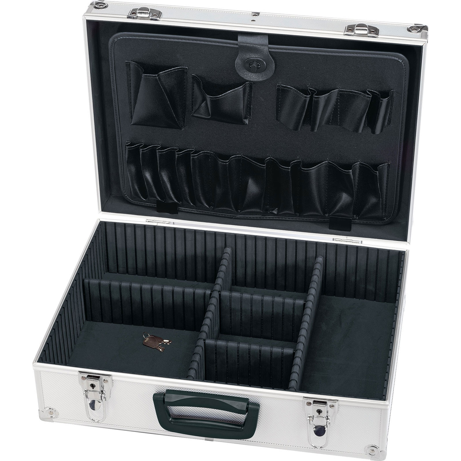 Silver aluminium tool case with a black fabric interior, featuring multiple pockets and dividers for organized storage, secured with metal latches and a green handle.
