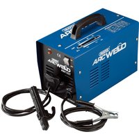 Blue Draper ARC Welder, 130A with black handle, vents, and attached cables with clamps.