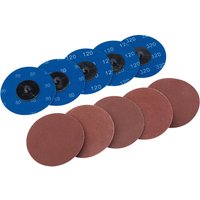 Assorted blue and brown 75mm aluminium oxide sanding discs, pack of 10, with grit numbers visible on blue discs.