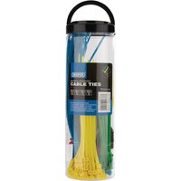 Assorted colored nylon cable ties in a clear cylindrical container with black lid, includes blue, yellow, green ties.